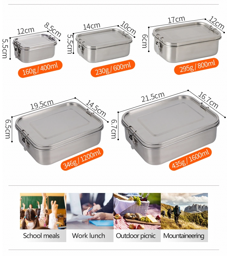 European Style Multi-Size LFGB Stainless Steel Outdoor Camping Sushi Burger Bento Food Packing Container Box